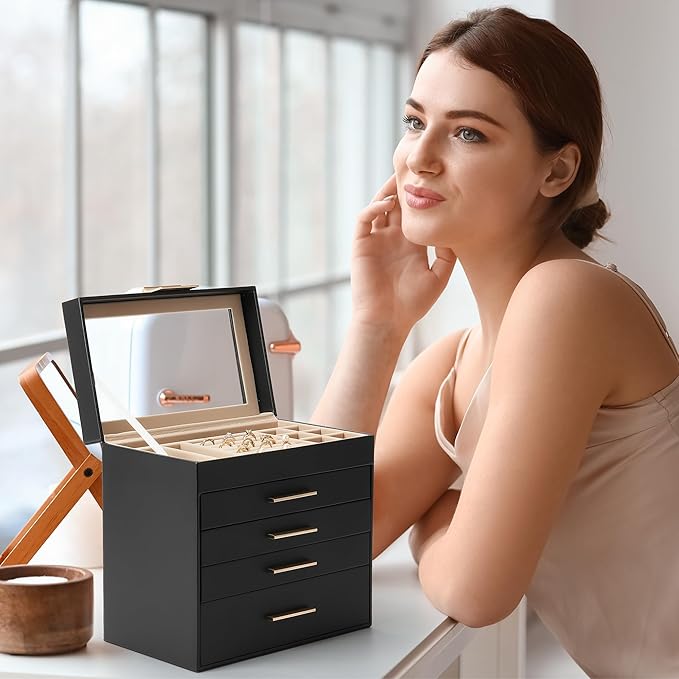Somduy Jewelry Box, 5 Layers Jewelry Storage Display Box with Glass Lid for Women, 4 Drawers,Large Capacity for Necklace Earrings Bracelets Rings, Black