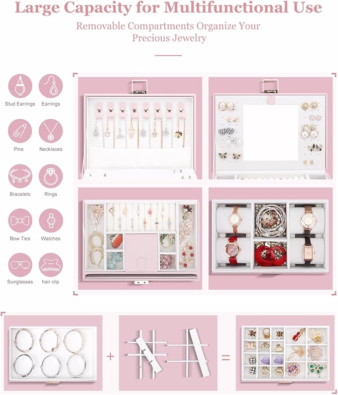 DesignSter Jewelry Box for Women Girl, 3-layer Lockable Jewelry Organizer with Mirror, Large Leather Jewelry Case for Earring Necklace Ring Bracelet Watch