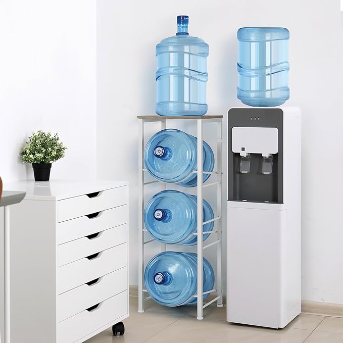 5 Gallon Water Bottle Holder Storage Rack, Water Cooler Jug Holder with Storage Shelves, 3-Tier Water Dispenser Stand for Kitchen Living Room Office, Rustic Grey