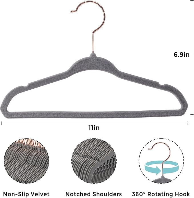 Tonswachic Velvet Baby Hangers 30 Pack - 11 Inch Non-Slip Kids Hanger for Newborn Clothes - Small Toddler Child Hangers Durable for Every Use - 10 Hanger Clips Included, Gray