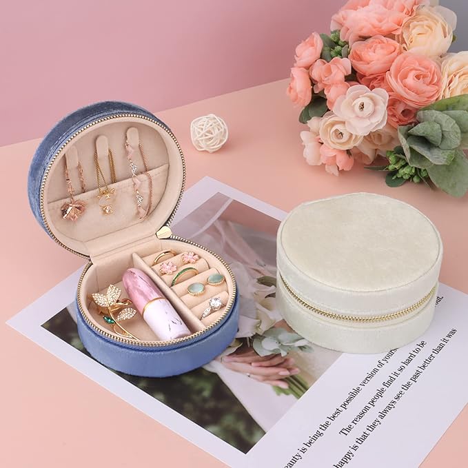 DesignSter Travel Jewelry Box - Velvet Mini Jewelry Organizer, Small Jewelry Case for Girls Women, Jewelry Storage Box for Rings Earrings Necklace (Circular, Cream Beige)