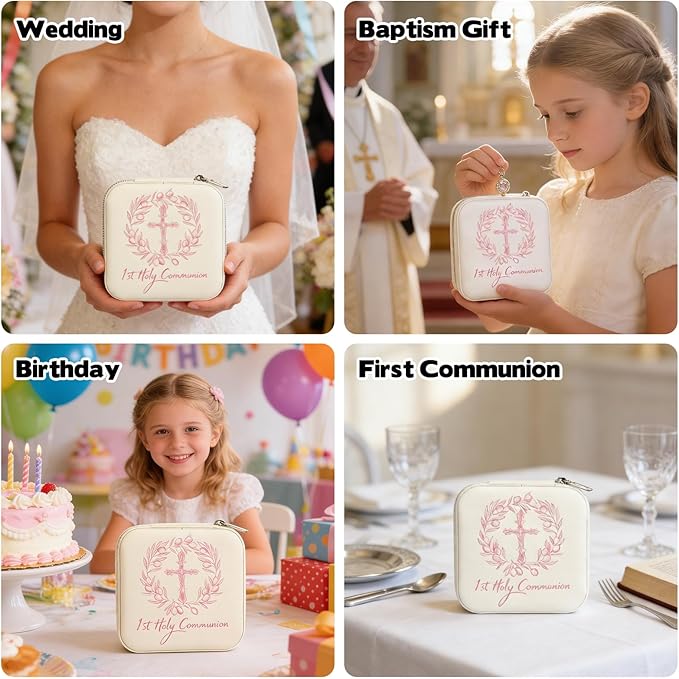 2 Pcs First Communion Travel Jewelry Box, Small Zippered Jewelry Case with Soft Lining, White Square Keepsake Box for Rings Earrings Necklaces, Religious Keepsake Gift for Baptism or Wedding(2, White)