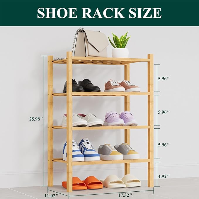 Smiry Shoe Rack, 4 Tier Thick Small Bamboo Shoe Organizer, Stackable Free Standing Wooden Shoe Storage Shelf for Closet, Entryway, Front Door Entrance, Natural