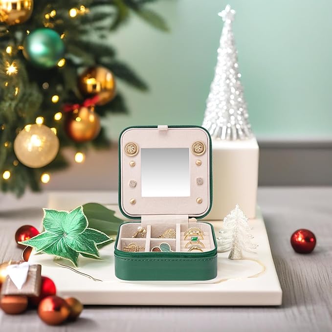 Vlando Small Travel Jewelry Box Organizer - Mirrored Jewelries Necklaces Rings Earrings Necklace Storage Case, Dark Green