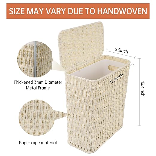 Coeusy 3 Gallon Paper Rope Bathroom Trash Can,Small Wicker Trash Cans with Lid and Liner,Woven Rattan Narrow Waste Basket for Bedroom,Office,White