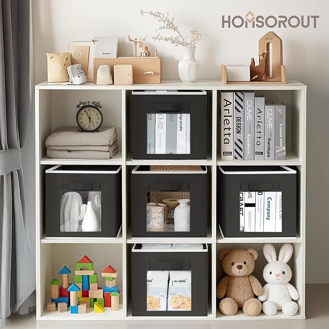 Homsorout Cube Storage Bins - Fabric Shelves for Closet Organization, Foldable Storage Bins for Clothes, Decorative Storage Baskets with Window for Home, Set of 6, Black