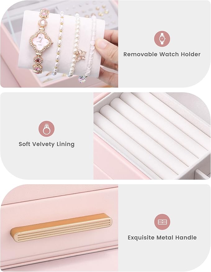 Lolalet 2-Layer Jewelry Box Organizer for Women Girls, Jewelry Storage Case Holder with Drawers for Necklaces Ring Earrings Bracelet Watch, Gifts Choice for Mom Mother’s Day -Pink