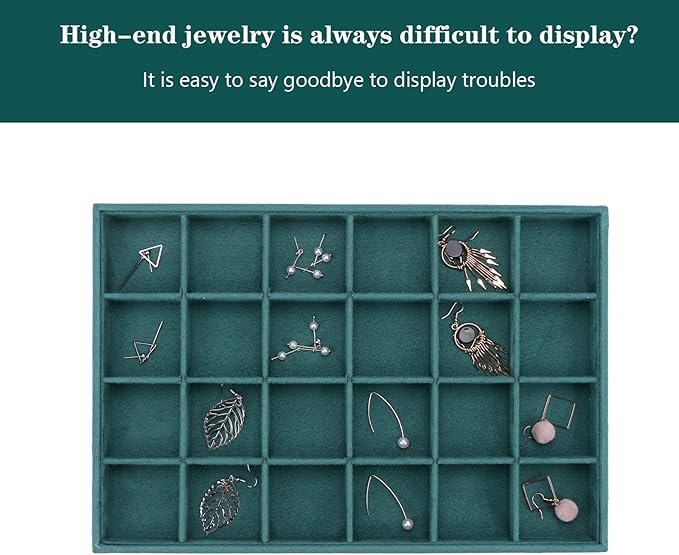 Large Velvet Jewelry Tray, Drawer Organizer for Jewelry in Dresser, Stackable Jewelry Drawer Organizer Inserts for Earring Necklace Bracelet Rings(Green,24grid)