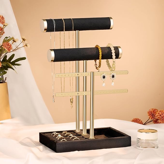 bussdis 3 Tier Bracelet Holder Display - Detachable T Bar Black Velvet Bracelet Holder, Jewelry Holder Organizer for Bracelet, Necklace, Earrings, Rings