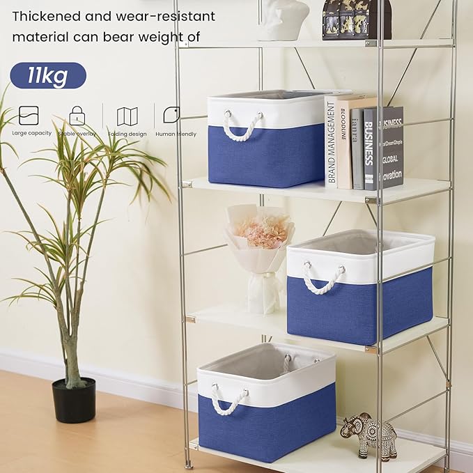 Large Storage Baskets- 15x11x10 inch Storage Bins for Shelves and Closet Organizing, Foldable Fabric Bin for Home Organization Clothes and Laundry (6-Pack, White&Blue)