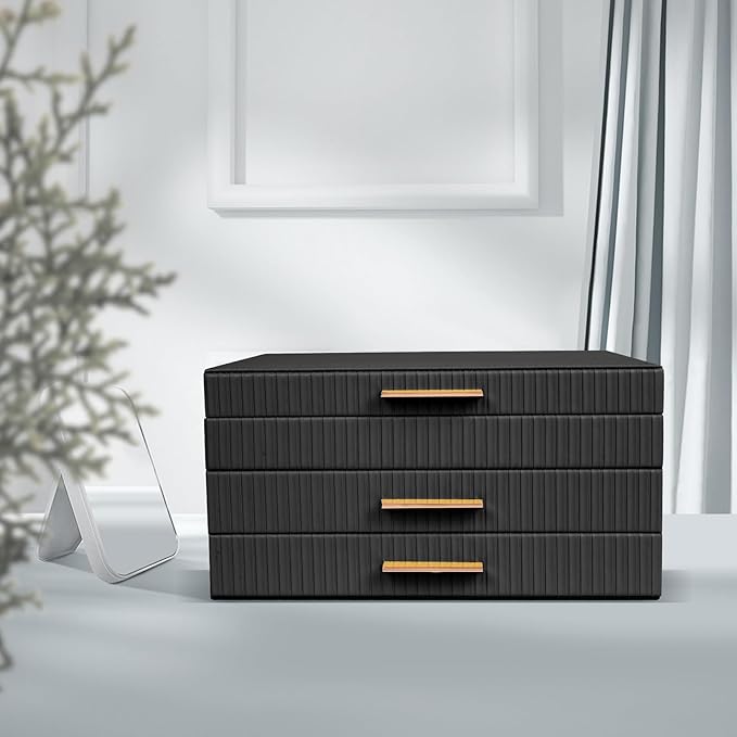 Dajasan Jewelry Box Organizer, 3-Tier Jewelry Storage with 2 Drawers, Large Jewelry Boxes for Women, PU Leather Surface with Texture, Gift Idea, Modern Style, 10.71 x 7 x 5.6 Inches (Black)