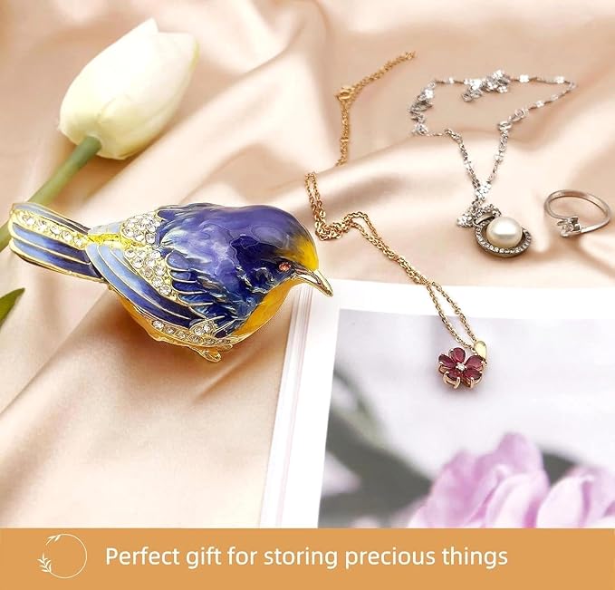 Starling Bird Trinket Boxes Hinged with Crystals Enameled Jewelry Box.Bird Lover Gifts for Women.Necklace Ring Box Earrings Storage.Collectible Bird Figurines Home Decor -Blue Yellow.