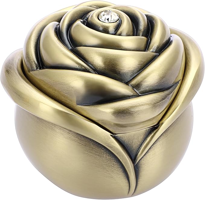 Hipiwe Small Vintage Jewelry Box, Rose Shape Ring Holder Treasure Chest Box for Women, Trinket Storage Case Keepsake Box for Rings Earrings Necklace, Bronze