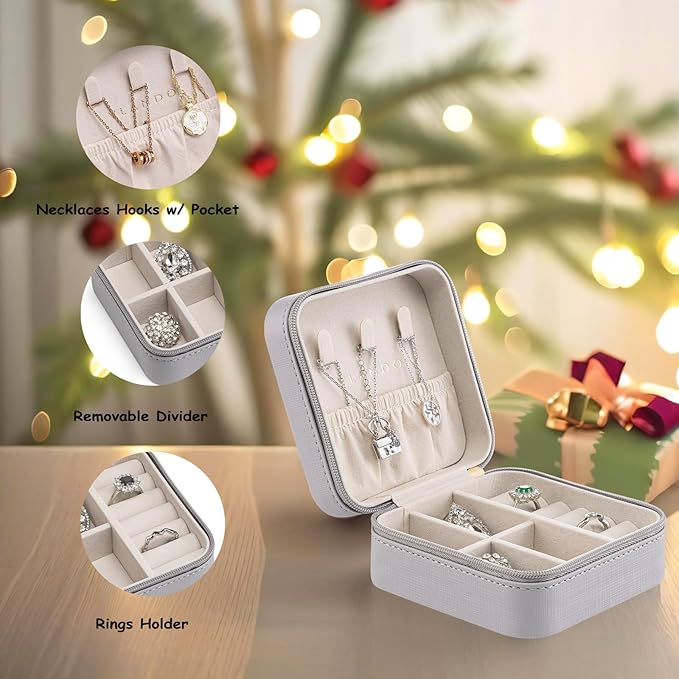 Vlando Small Travel Jewelry Box Organizer Display Case for Girls Women Gift Rings Earrings Necklaces Storage, Light Grey