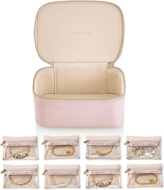 VLANDO Jewelry Travel Case,Gifts for Women,Travel Jewelry Organizer with Clear Velvet Jewelry Bags 8Pcs Zipper Pouch for Women Girl Gift-Pink
