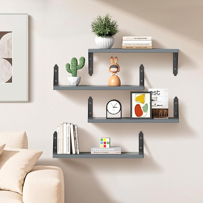 ROMGUAR CRAFT Wood Floating Shelves Set of 4, Rustic Storage Decor Wall Shelves, Wall Mounted Shelf for Living Room, Bedroom 17" x 6", Grey