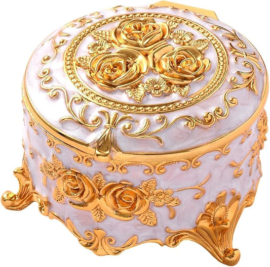 Vintage Jewelry Box, Gold Round Treasure Ring Box, Metal Trinket Organizer Keepsake Box Gift for Girl Women, Beige
