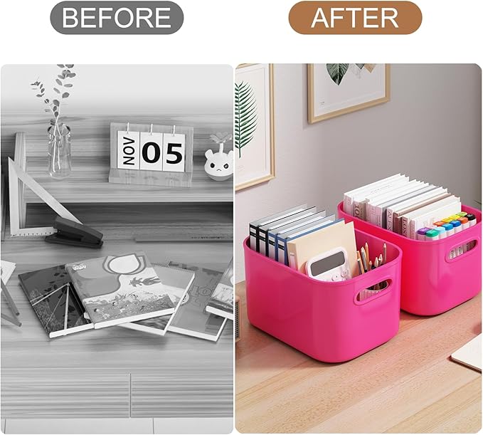 ORGIDOL 8 Pack Pink Storage Bins with Lids Stackable Storage Container for Organizing, Storage Boxes with Handle for Shelves, Cute Storage Bin for Craft, Snacks, 9.85x6.9x5.7 inch