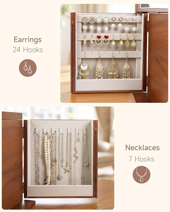 Black Walnut Wooden Jewelry Box Wood Jewelry Organizer with 2 Side Doors Mirror Lockable Classical Style for Watch Necklace Ring Earring Storage Mothers Day Gifts for Mom-5 Layer