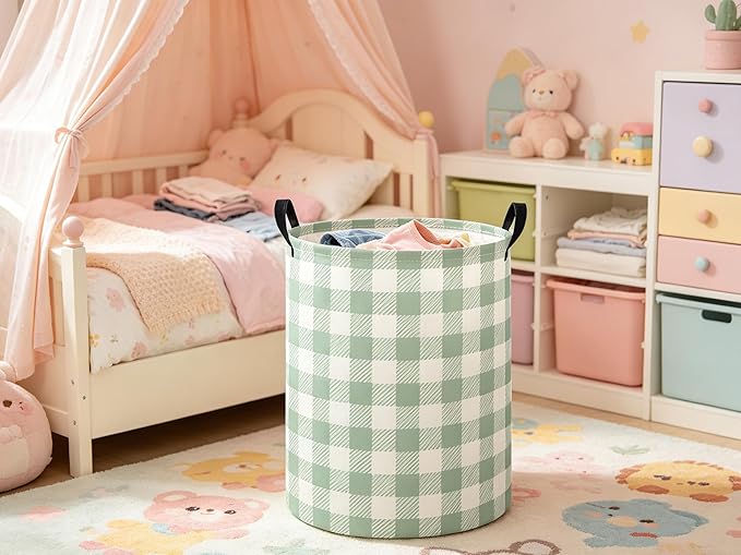 Baby Laundry Hamper kids laundry Basket Waterproof Laundry Bag for Bedroom Toy Clothes Organizer Room Décor(Green Checkered)