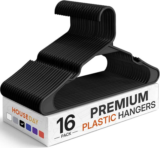 HOUSE DAY Plastic Hangers 16 Pack - Adult Clothes Hangers Black - Space Saving, Non-Slip, Durable & Sturdy Hanger with Shoulder Grooves for Closet, Perfect Slim Coat Hanger - Ganchos para Colgar Ropa