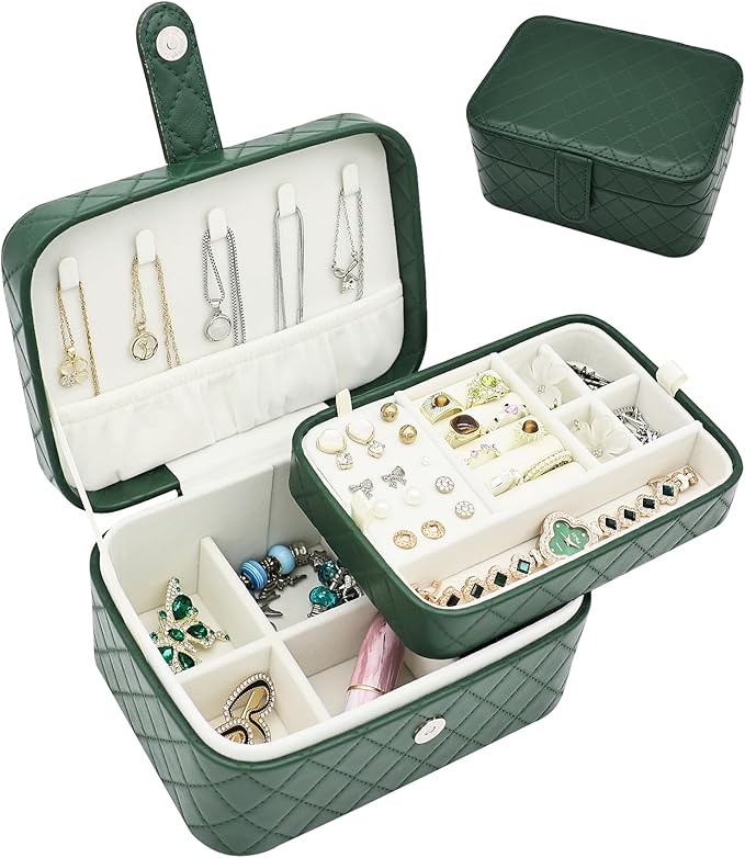 Jewelry Travel Case, 2-Layer Jewelry Box Organizer Medium Jewelry Travel Box, Portable Faux Leather Jewellery Storage Boxes with Argyle for Women, Daily Jewellery Case Home Use (Dark green)