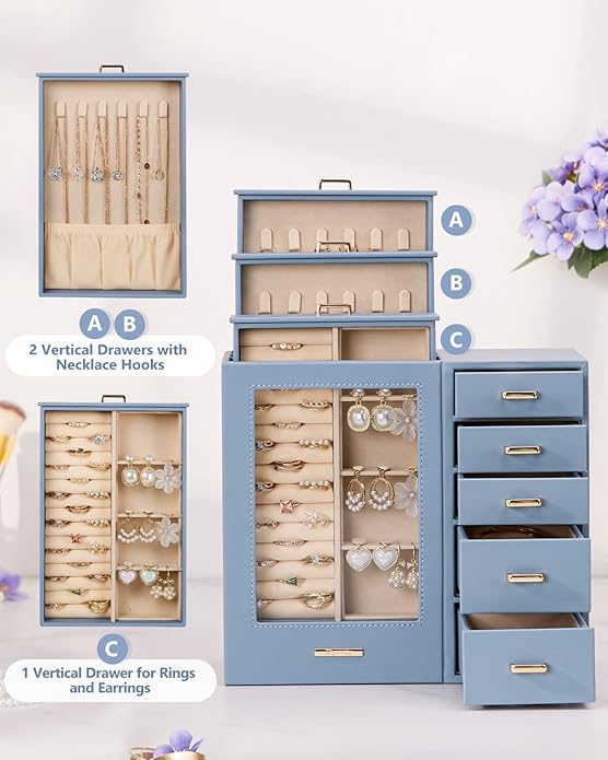 Homde Large Jewelry Box/Organizer/Case with Glass Window, Drawers for Necklaces Earrings Rings Bracelets Watches Gift for Women Girls