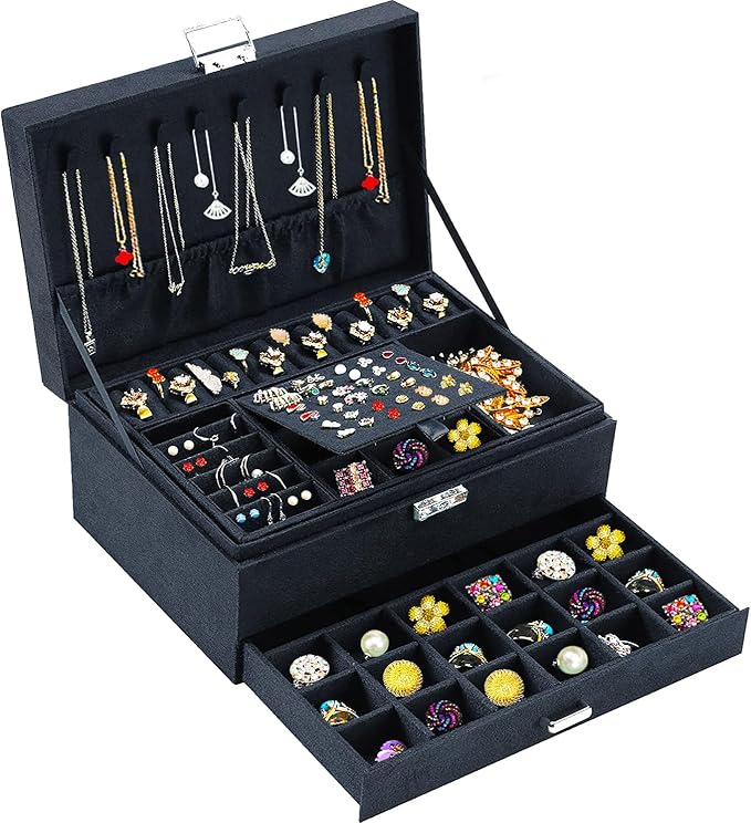 QBestry Jewelry Box for Women with Drawer, 3-Layer Large Jewelry Organizer with Lock & Key, 8 Necklace Hooks & 56 Earring Holes, Black Velvet Jewelry Storage Box for Necklaces Earrings Rings Bracelets