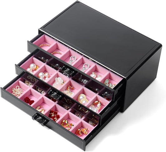 YUFONG Earring Organizer Box Acrylic Jewelry Organizer with 3 Drawers 54 Adjustable Grids Clear Stackable Earring Holder Velvet Trays Ring Display Case for Women Girls (Black Pink)