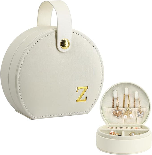 COLLECTIVE HOME - Travel Jewelry Case, Elegant Half-Moon Design with Gold Monogram, Detachable Handle, Personalized Accessory Organizer, Gift for Fashion-Forward Women and Teens (z)
