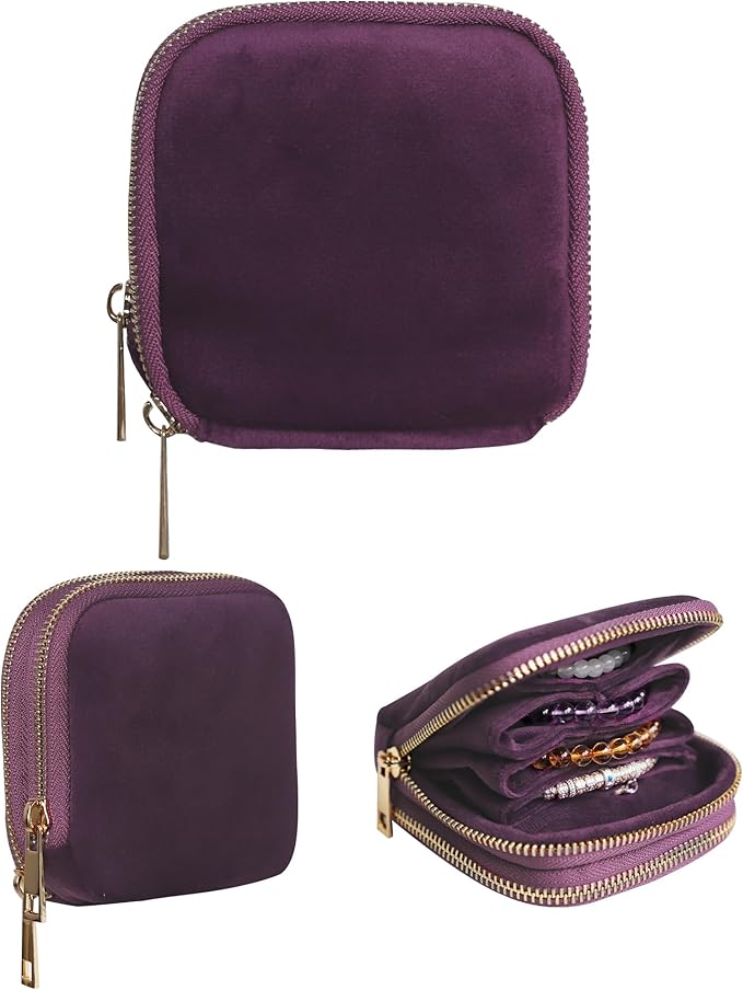 Stratalife 2-Layer Travel Jewelry Case Organizer Compact Storage Bag for Rings Earrings Necklace Bracelet Portable Velvet Jewelry Pouch with Zippers Accessories Travel Essentials Gift for Women Purple