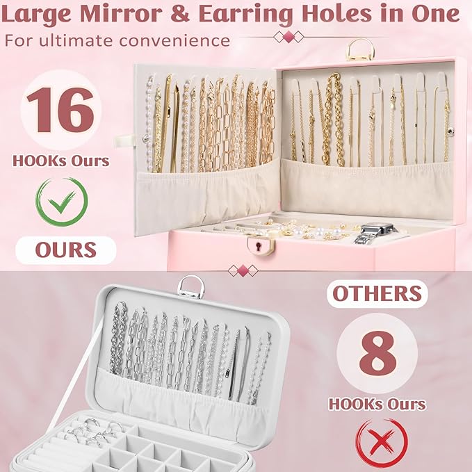 3 Layer Jewelry Boxes Large Jewelry Holder Organizer Case with 2 Jewelry Organizer Drawer PU Necklace Organizer Lockable Upgrade Mirror Gifts for Women, Pink