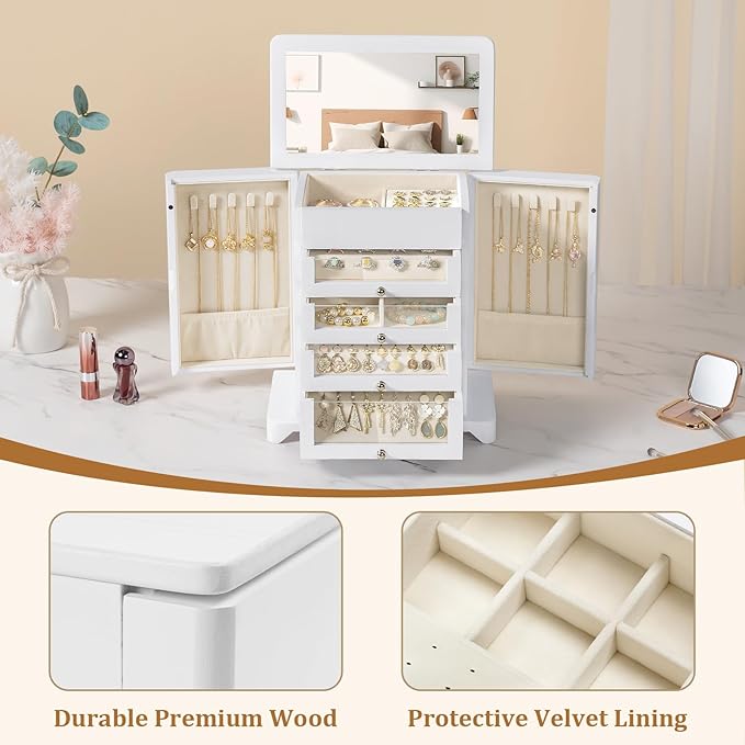 Large Jewelry Box & Organizer for Women, Wooden Jewelry Storage with 4 Transparent Drawers, Holds Necklaces, Rings, Bracelets, Earrings and Watches(White)