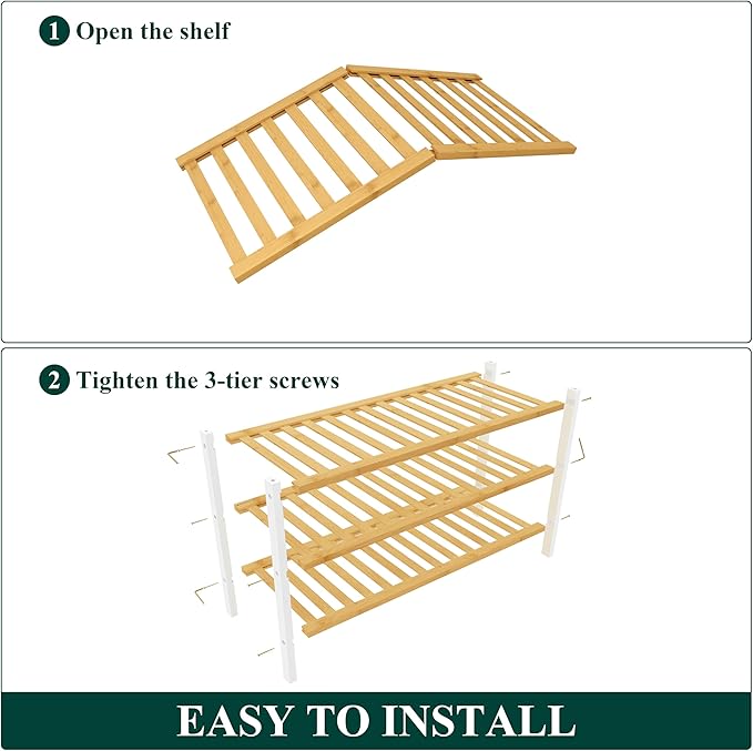 Smiry Bamboo Shoe Rack for Closet, 3 Tier Wooden Stackable Shoe Organizer, Free Standing Shoes Storage Shelf for Entryway, Front Door Entrance, Natural & White