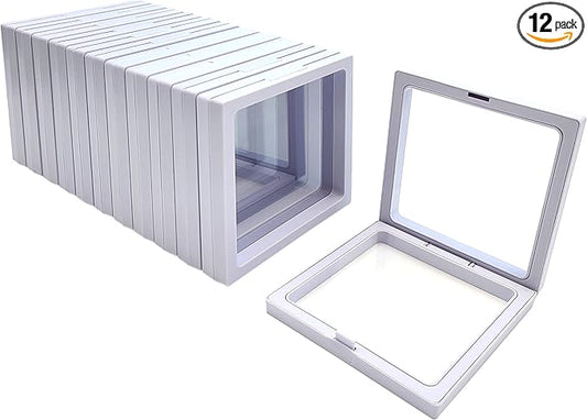 12PCS 3D Floating Frame Display Stand, Jewelry Box, Gift Box, Ornament Organizer, Small Travel Jewelry Box, PE Film Anti-Oxidation, Suspended Display Box Stackable (White, 4.33 * 4.33)