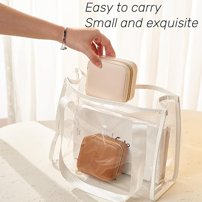 Travel Jewelry Box, PU Leather Small Jewelry Organizer for Women Girls, Portable Mini Travel Case Display Storage Holder Boxes for Stud Earrings, Rings, Necklaces (Apricot color)