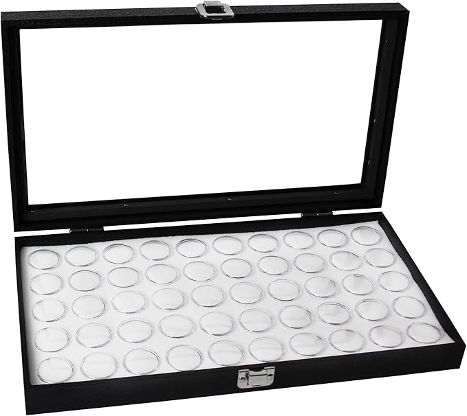 MOOCA Glass Top Jewelry Display Case with Removable 50 Gem Jars, Removable Liner, Ring, Earring Diamond Showcase, Gem Box, Jewelry Organizer, Leatherette-Wrapped Case