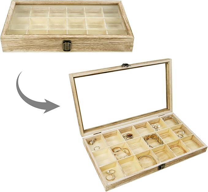 Mooca Wooden Display Storage Case with Tempered Glass Lid for Jewelry and Beads with 18 Compartments Tray, Oak Color, 15" W x 8 3/4" D x 2" H