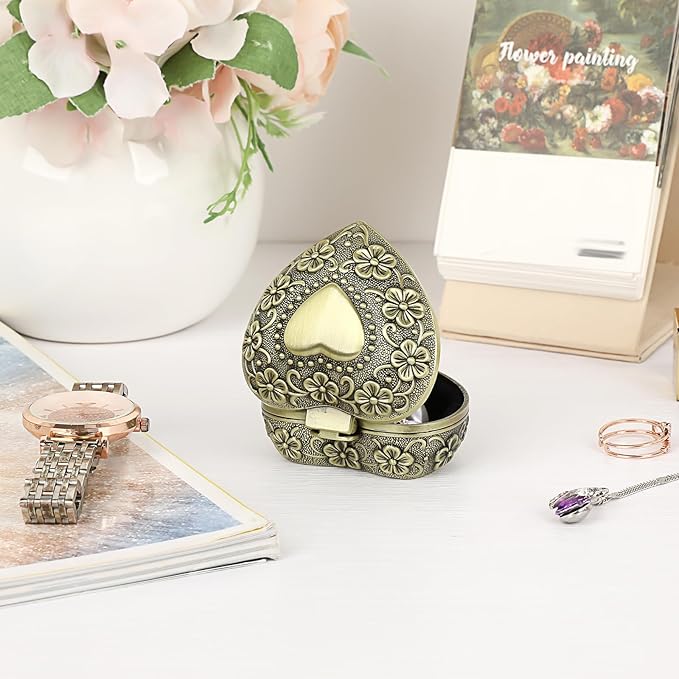 Hipiwe Vintage Heart Shape Jewelry Box - Small Antique Ring/Earrings/Necklace Storage Organizer Case, Metal Treasure Chest Trinket Keepsake Gift Box for Women,Bronze