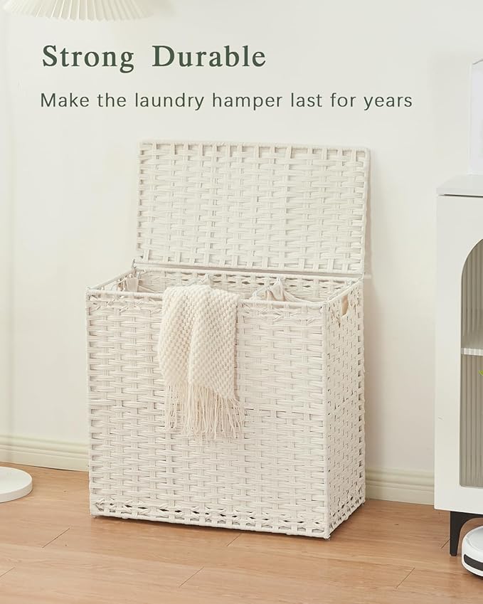 SETVSON Laundry Hamper with Lid Laundry Basket 132 L (35 Gal) Wicker Clothes Hamper, Handwoven Rattan Hamper with Handles and 4 Removable Liner Bags, 6 Mesh Bags for Laundry Bedroom White