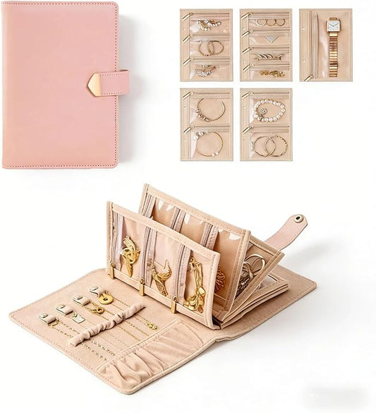 Travel Jewelry Binder Earring Organizer, Portable PU Jewelry Book Organizer with 4 Necklace Clips & 5 Zipper Velvet Pouch For Rings,Necklace,Earrings - Perfect Jewelry Storage Book For Women Girls