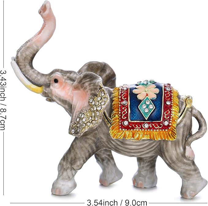 Hand Painted Animal Trinket Box for Home Decor, Hinged Jewelry Organizer Storage, Unique Personalized Collectible Keepsake Figurine Handmade Decorative Ornament Gifts (Lucky Elephant)