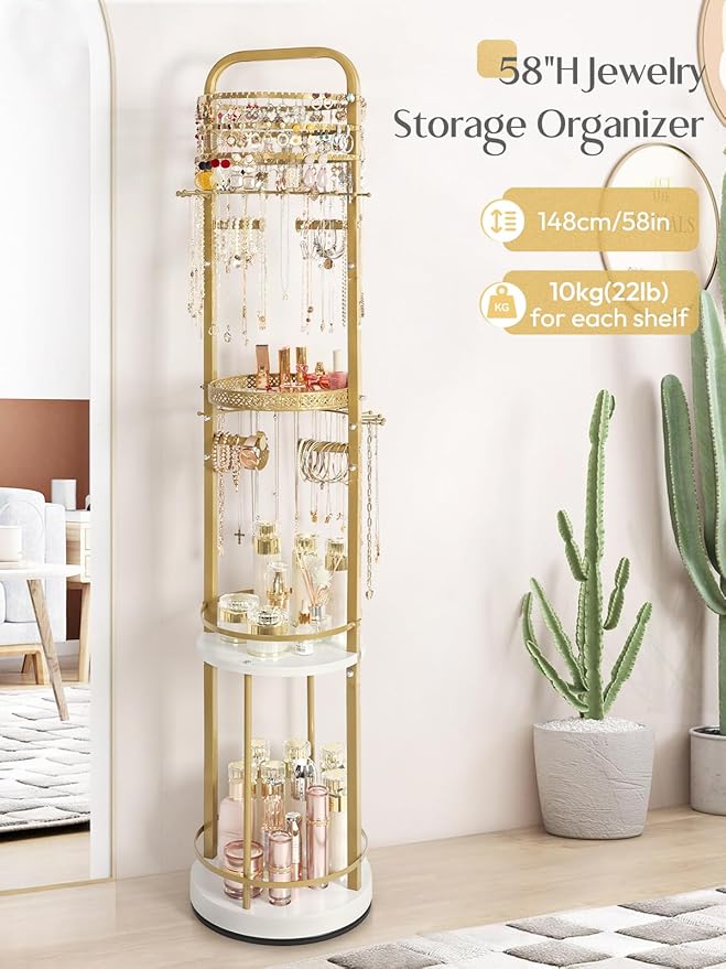 Jewelry Holder Organizer, Floor Jewelry Organizer with Earring Organizer Necklace Holder, Rotating Jewelry Stand Necklace Display Earring Storage, Large Hanging Jewelry Tree for Jewlery Bracelet Ring