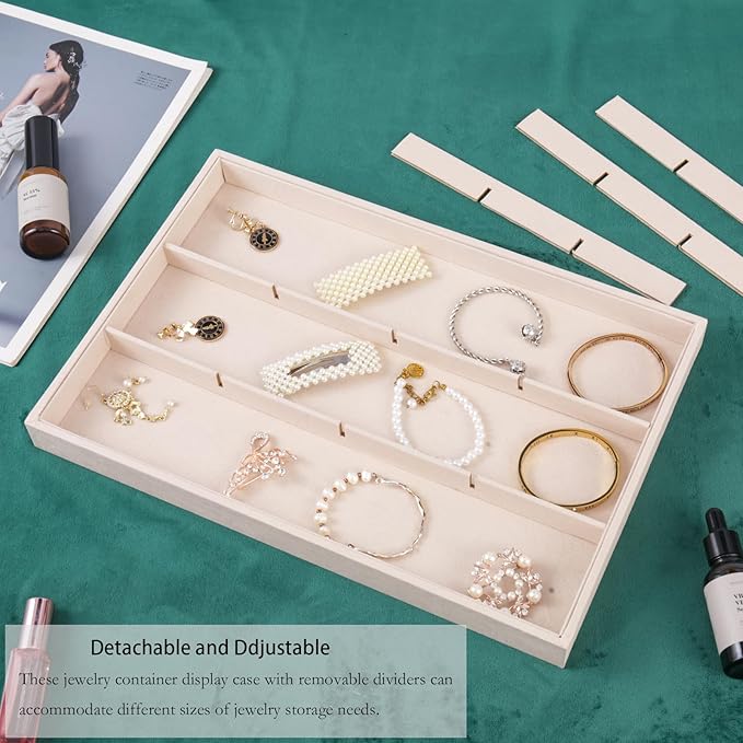Large Velvet Jewelry Tray, Drawer Organizer for Jewelry in Dresser, Stackable Jewelry Drawer Organizer Inserts for Earring Necklace Bracelet Rings(Beige,12grid)