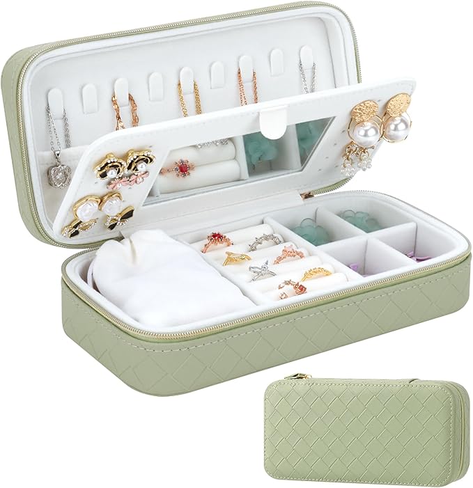 DesignSter Travel Jewelry Case, Woven Embossed PU Leather Jewelry Organizer with Mirror, Small Portable Jewelry Box for Women Rings Necklaces Bracelets Earrings