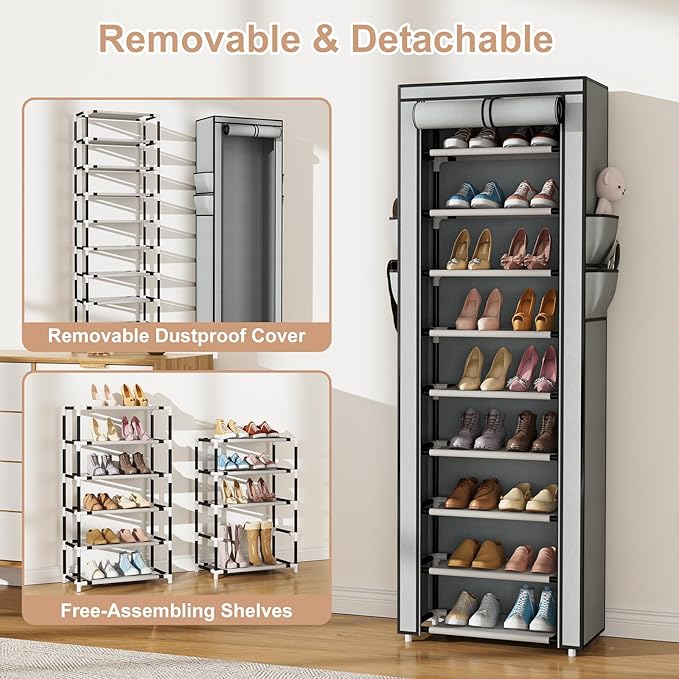 VILICK Shoe Rack with Cover Narrow Shoe Rack Organizer with 4 Side Pockets 10 Tier Tall Shoe Storage Shoe Shelf Holds 18-22 Pairs Shoes and Boots Shoe Rack for Closet, Grey