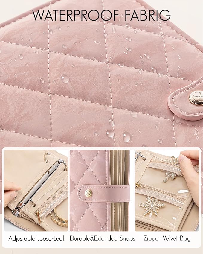 VLANDO Travel Jewelry Organizer Case,Gifts for Women,Portable Jewelry Storage Book Ring Binder with Clear Zipper Velvet Pouch Bag for Traveling,Rings,Necklace,Earrings,Bracelets,Brooches-Sand Pink