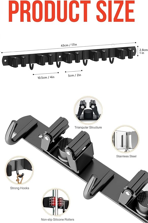 Mop and Broom Holder Wall Mount, Upgraded Broom Hanger Wall Mount, Stainless Steel Broom Organizer for Closet Garage Laundry Room Kitchen Wall Decor(5Racks 4Hooks Black)