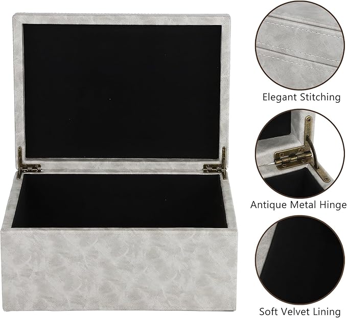 HofferRuffer Faux Leather Decorative Box, Large Wooden Structure Keepsake Box Accessory Organizer Jewelry Organizer with Hinged Lid, Storage Container for Home or Office (Grey)