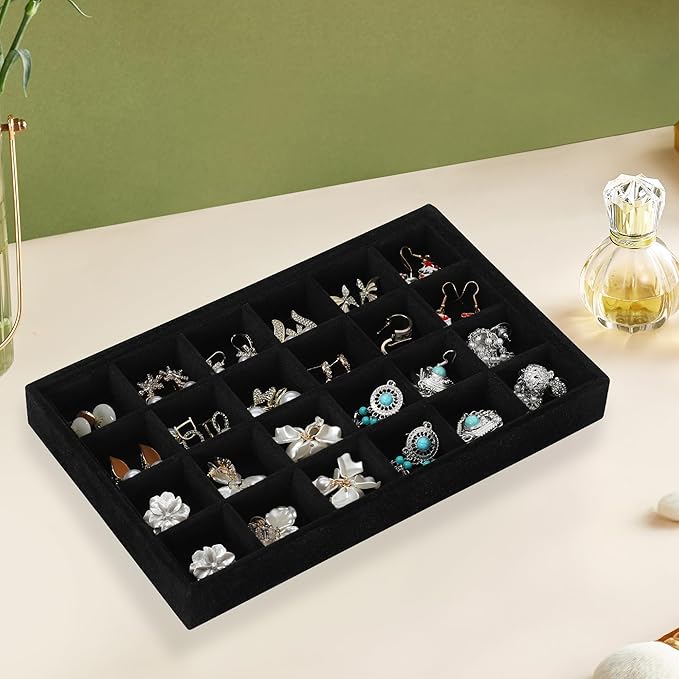 Frebeauty 24 Grid Earring Holder Organizer Tray, Jewelry Organizers and Storage for Drawer,Velvet Jewelry Display Storage for Earrings,Rings,Studs,10.5 x 6.5 x 1.2 Inches Gift for Women (Black)